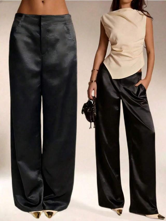 women's black satin silk wide leg trousers