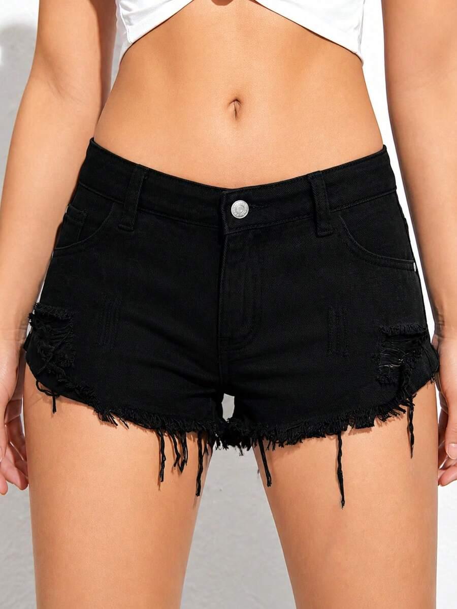 black distressed hem casual denim shorts