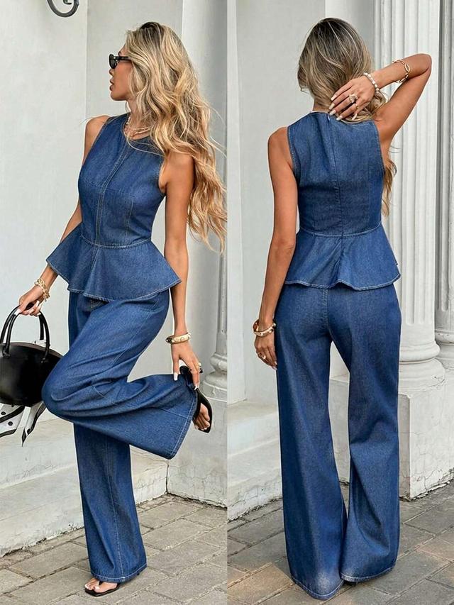 sleeveless denim peplum top and matching wide-leg trousers