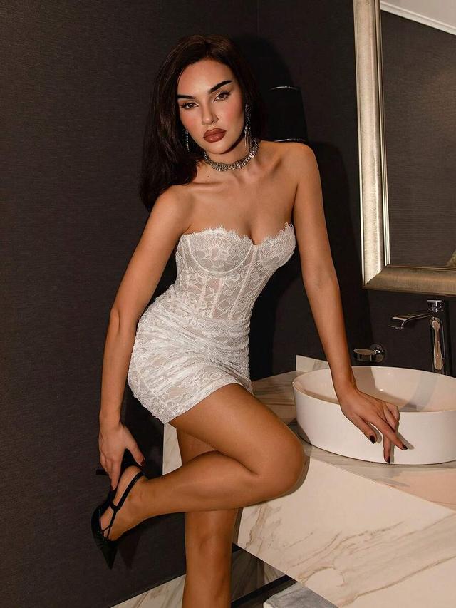 white floral lace ruched corset bustier bodycon dress
