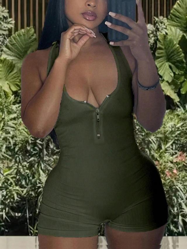 olive ribbed zip-front sleeveless playsuit