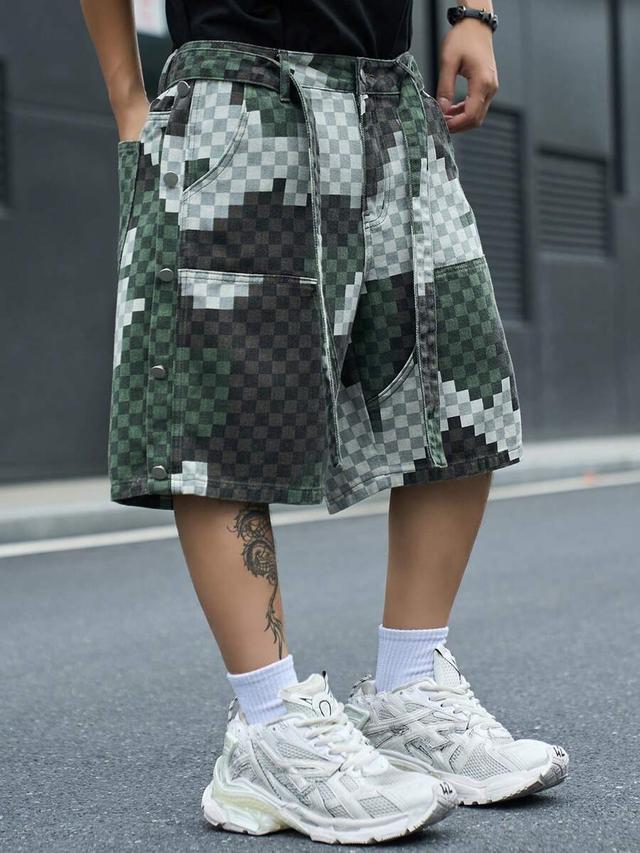 multi-color pixelated camouflage print wide leg denim shorts