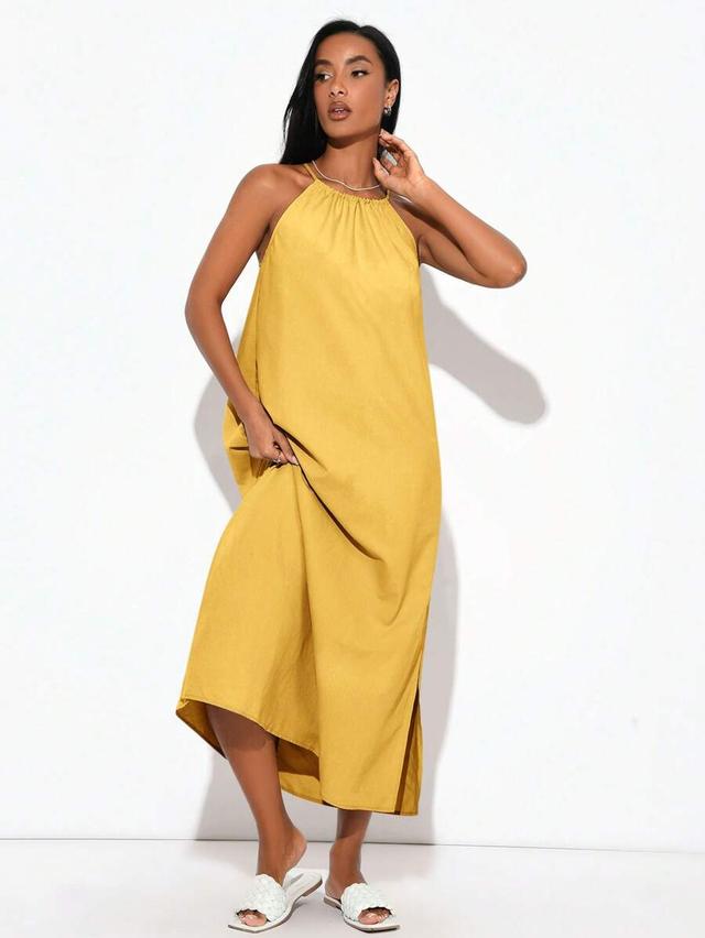 yellow woven halter neck side slit summer dress