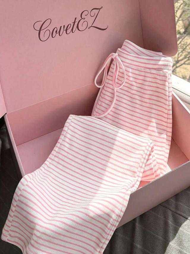 pink and white striped ribbed lounge trousers