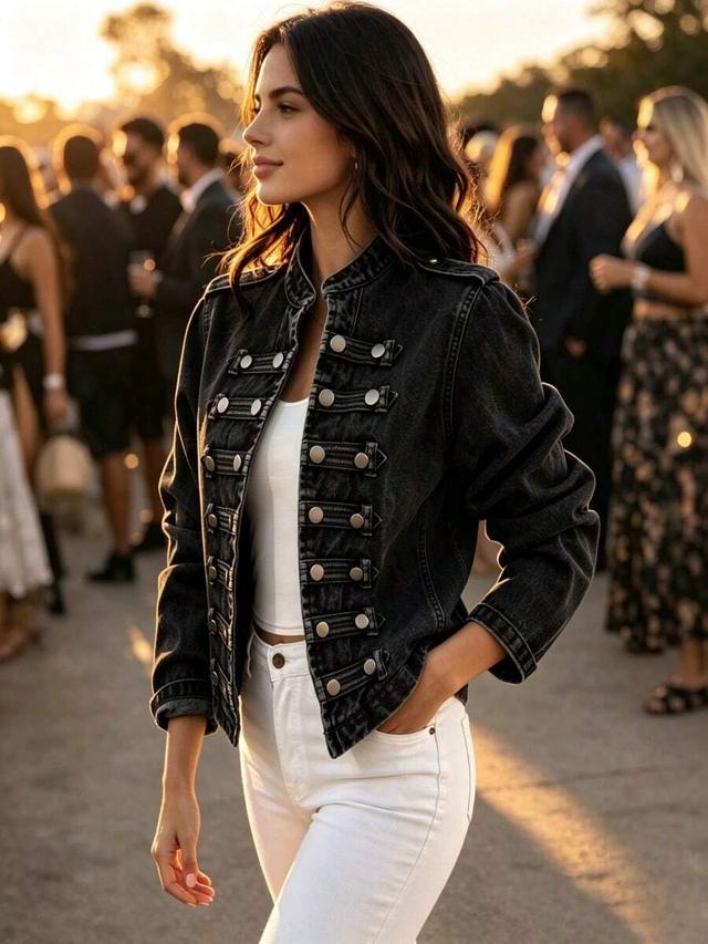black denim military style jacket with silver buttons