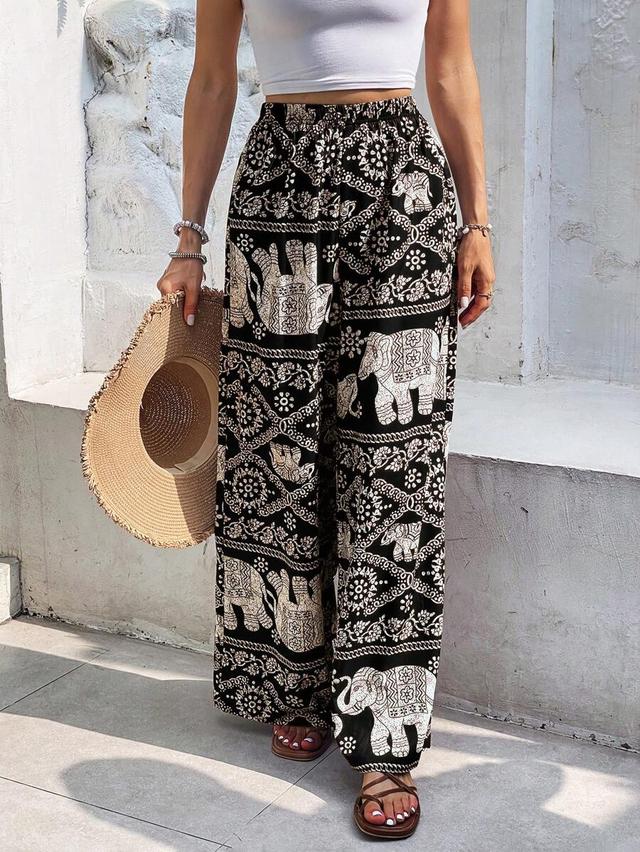 black elephant print wide leg casual trousers