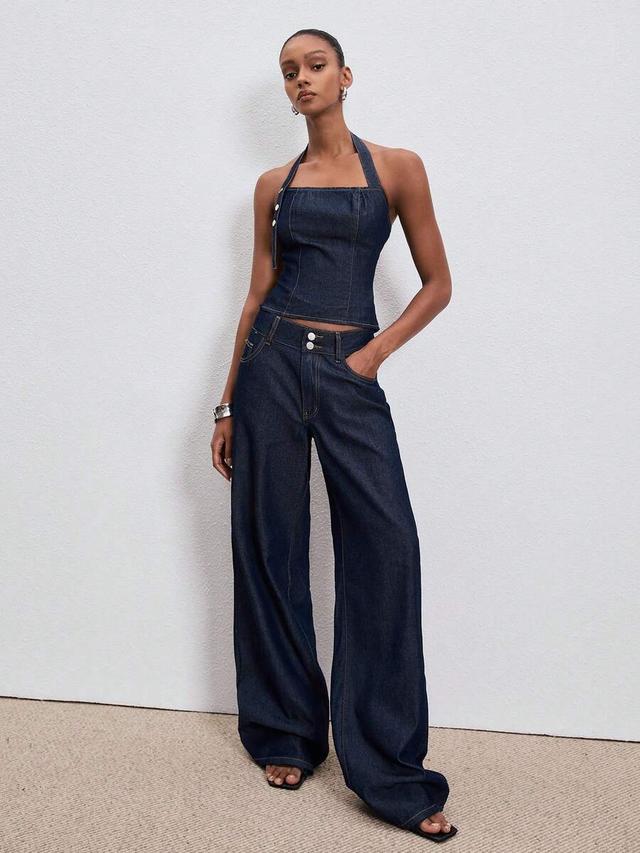 backless dark wash denim halter top with knot front