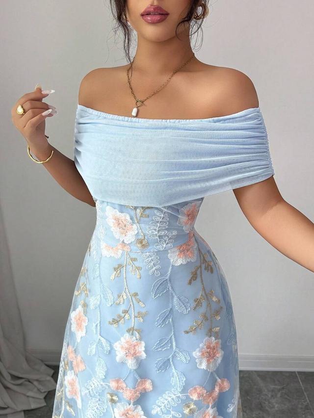 light blue floral embroidered off-shoulder midi dress