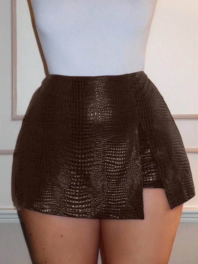 brown faux crocodile leather ultra-short shorts