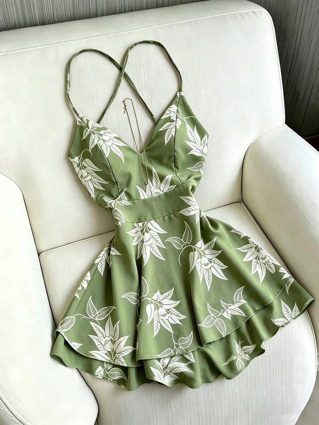 sage green floral print camisole skater dress