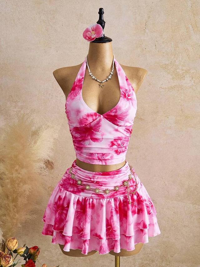 floral print pleated halter camisole and mini skirt set