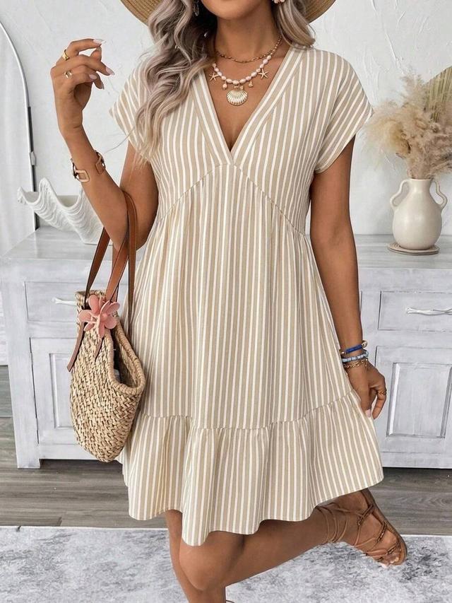 beige and white striped v-neck cotton dress