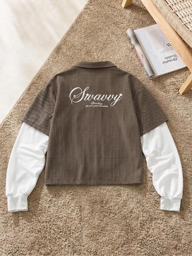 brown plaid patchwork 2 in 1 long sleeve shirt
