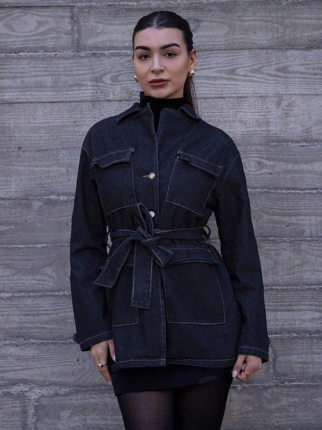 dark blue denim belted shacket with metal buttons