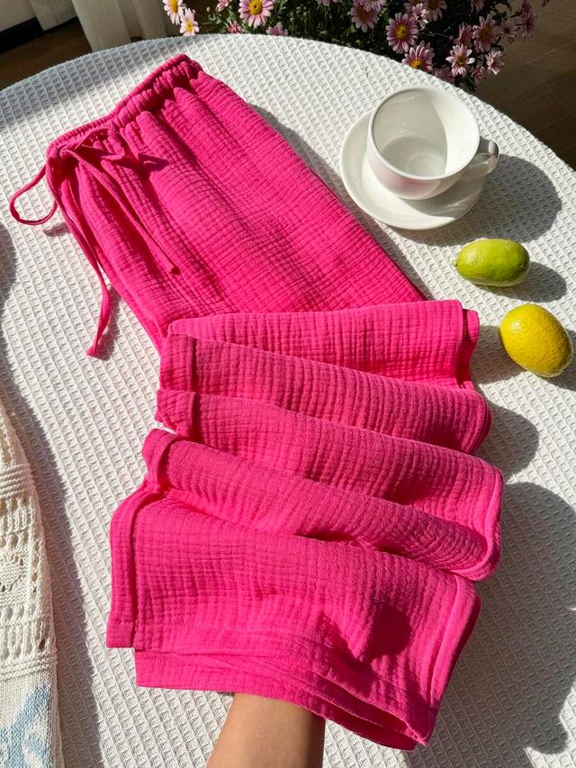 fuchsia textured cotton drawstring wide leg pants