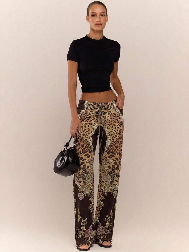 peacock print lace up straight leg printed jeans