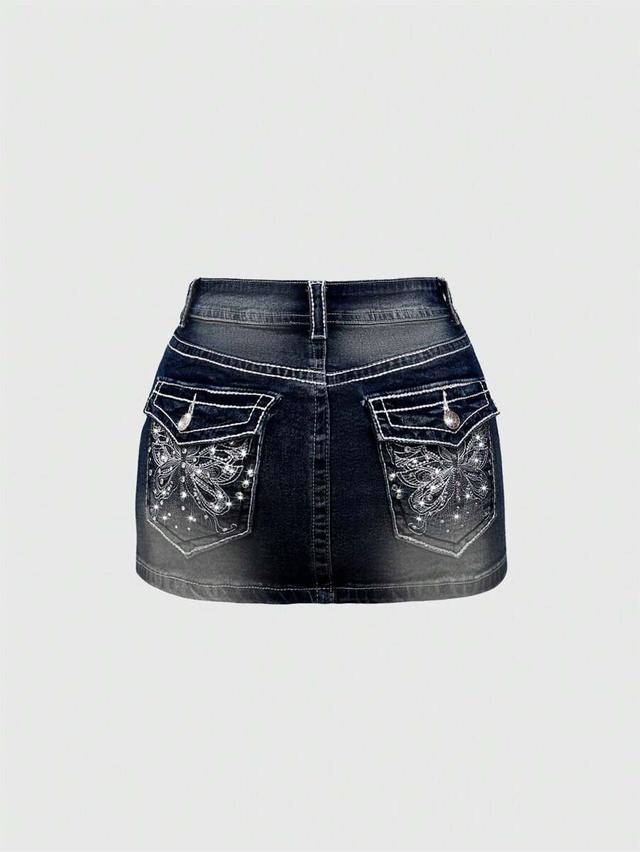 dark wash denim mini skirt with butterfly rhinestone pockets