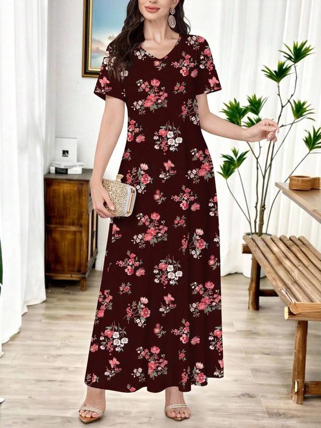 elegant v-neck short sleeve pink floral print knit dress
