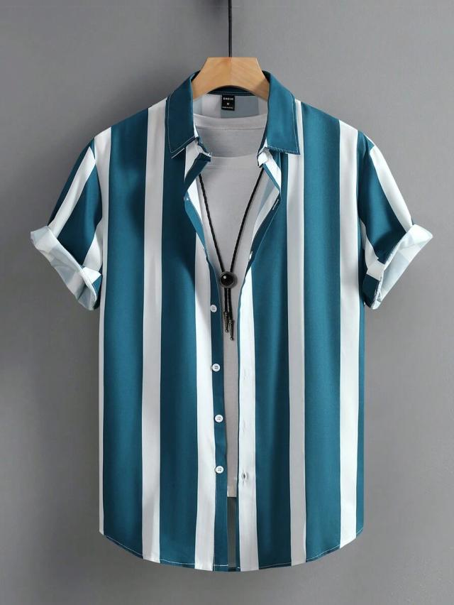 teal and white vertical striped short sleeve shirt