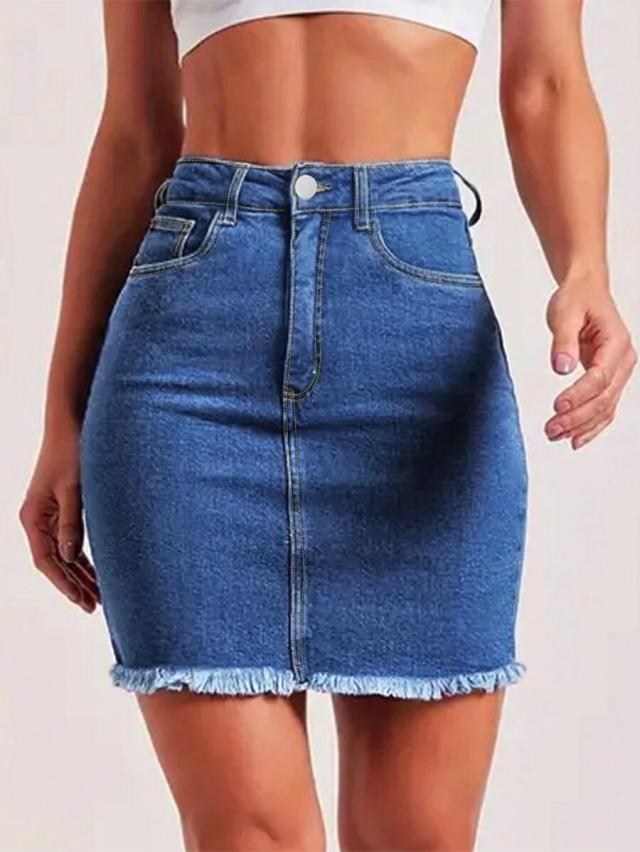 high waisted blue denim mini skirt with raw hem