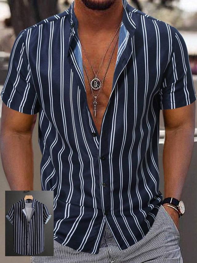 navy blue striped short sleeve casual button up shirt