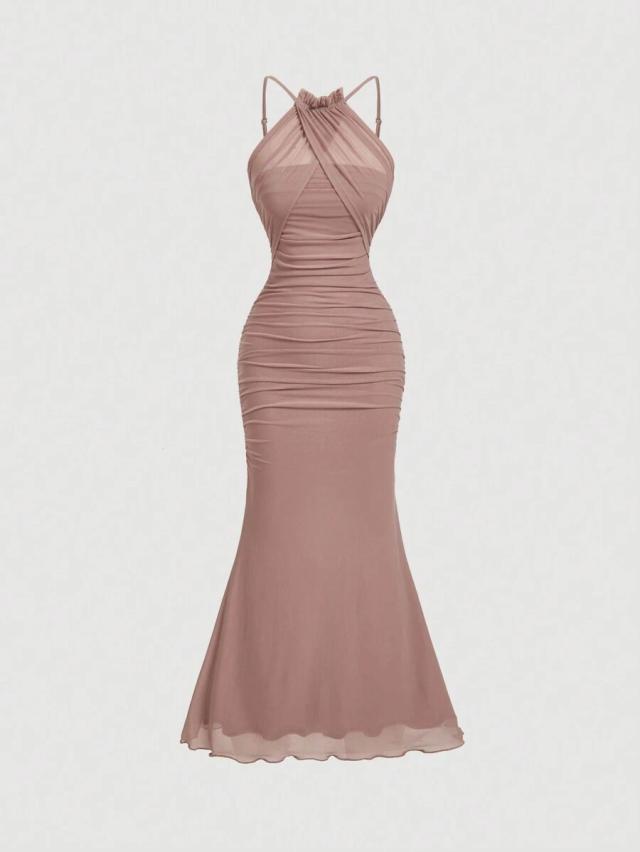 apricot halter neck ruched fishtail long dress