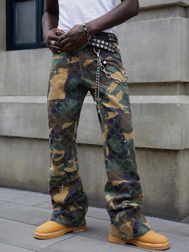 camouflage print flare jeans with rhinestone diamond pattern