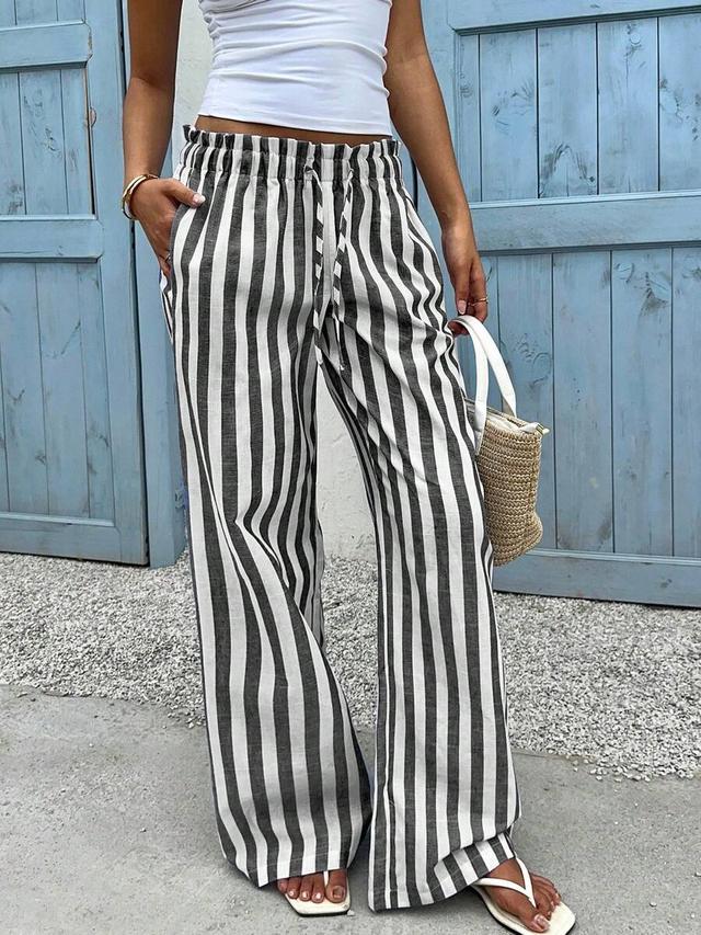 black and white striped woven wide leg pants