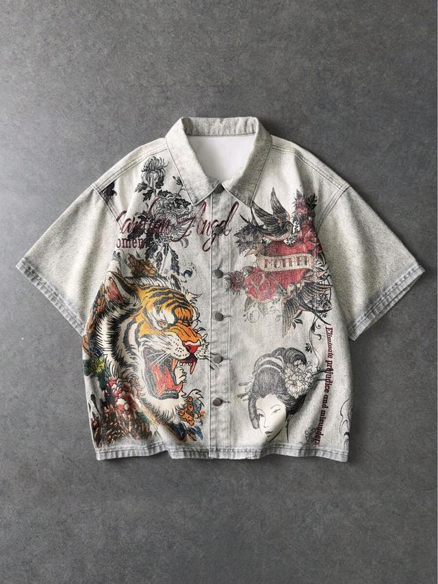 tiger print washed denim short sleeve shirt