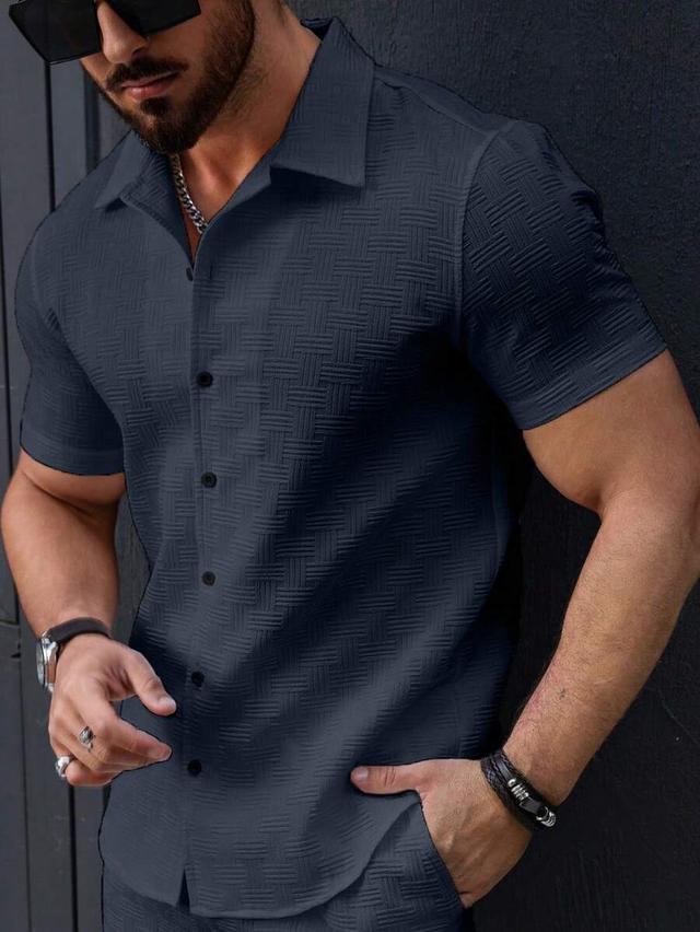 solid color textured short sleeve button-up shirt