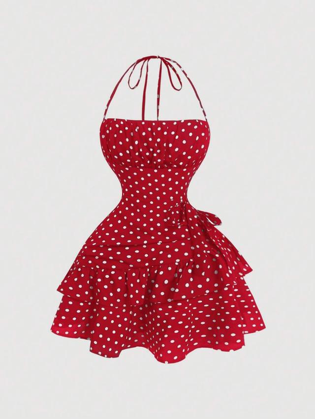red polka dot halter neck gathered waist ruffle dress