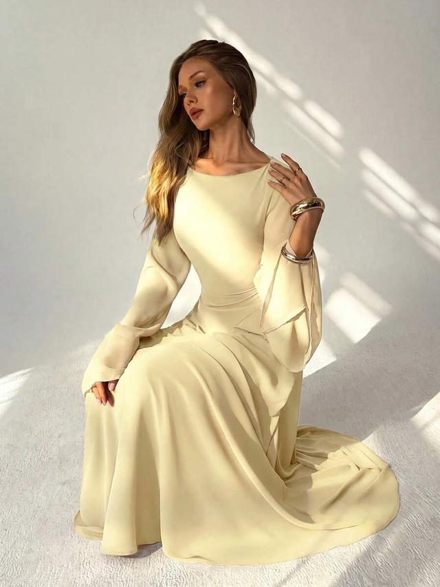 pale yellow elegant ruffle cinched waist maxi dress