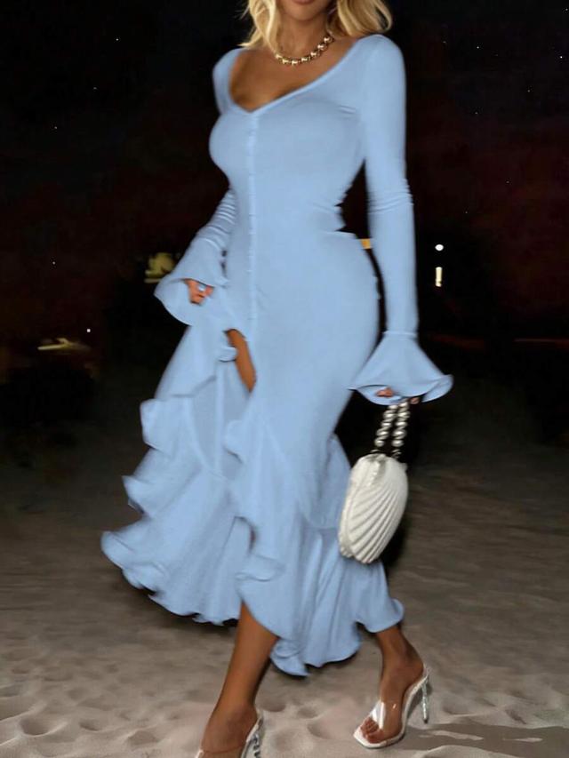 light blue long sleeve fitted ruffle hem dress
