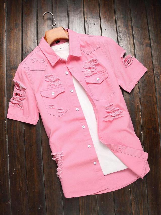 pink distressed denim short sleeve button up shirt