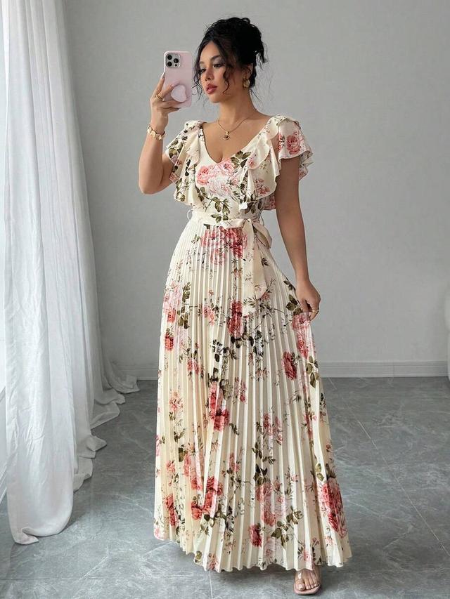 floral v-neck flounced waist pleated a-line dress