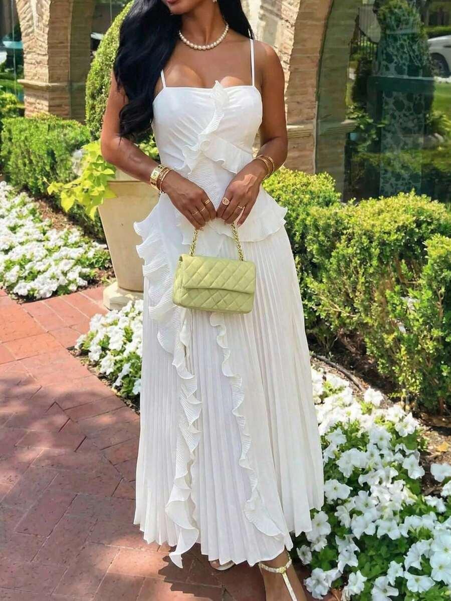elegant white pleated ruffle maxi dress