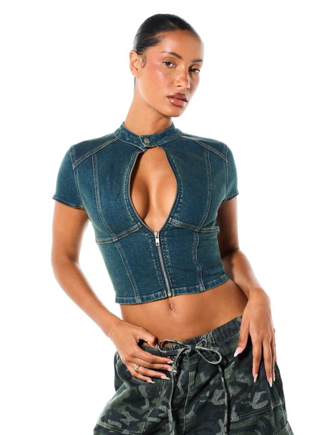 stretch denim zip-up crop top with mock neck