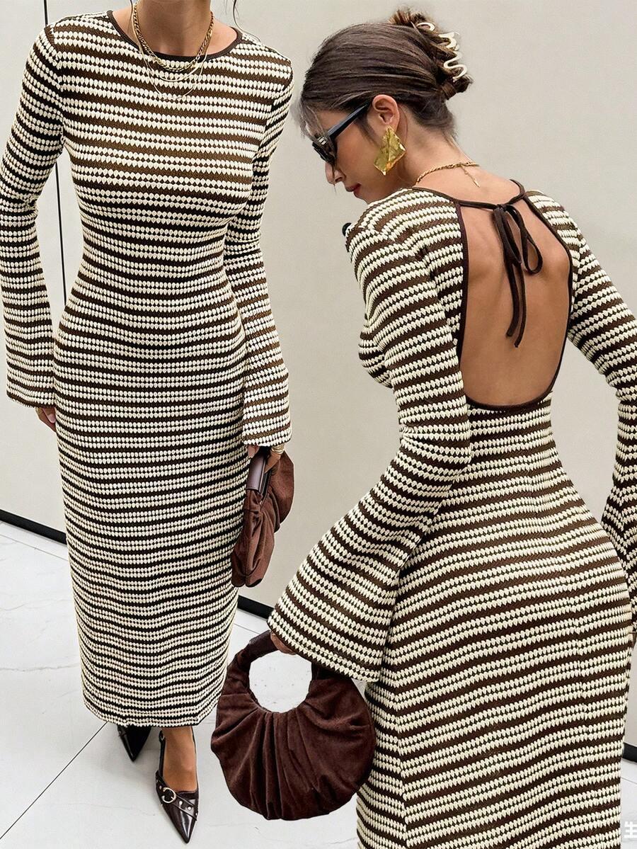 brown and cream striped backless fitted knit midi dress