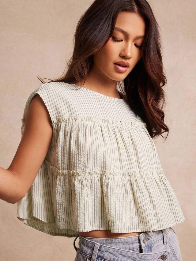 textured striped woven round neck cap sleeve tiered ruffle top