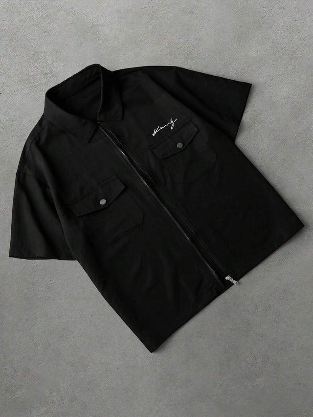 black short sleeve zip-up casual commuter shirt