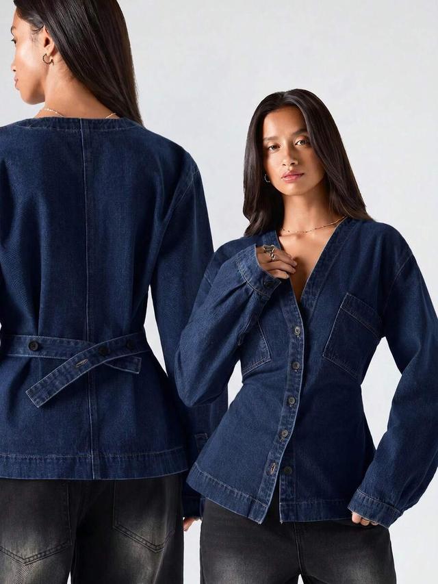 casual v-neck loose fit button-up denim top