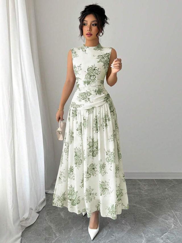 floral print sleeveless midi dress with gathered waist