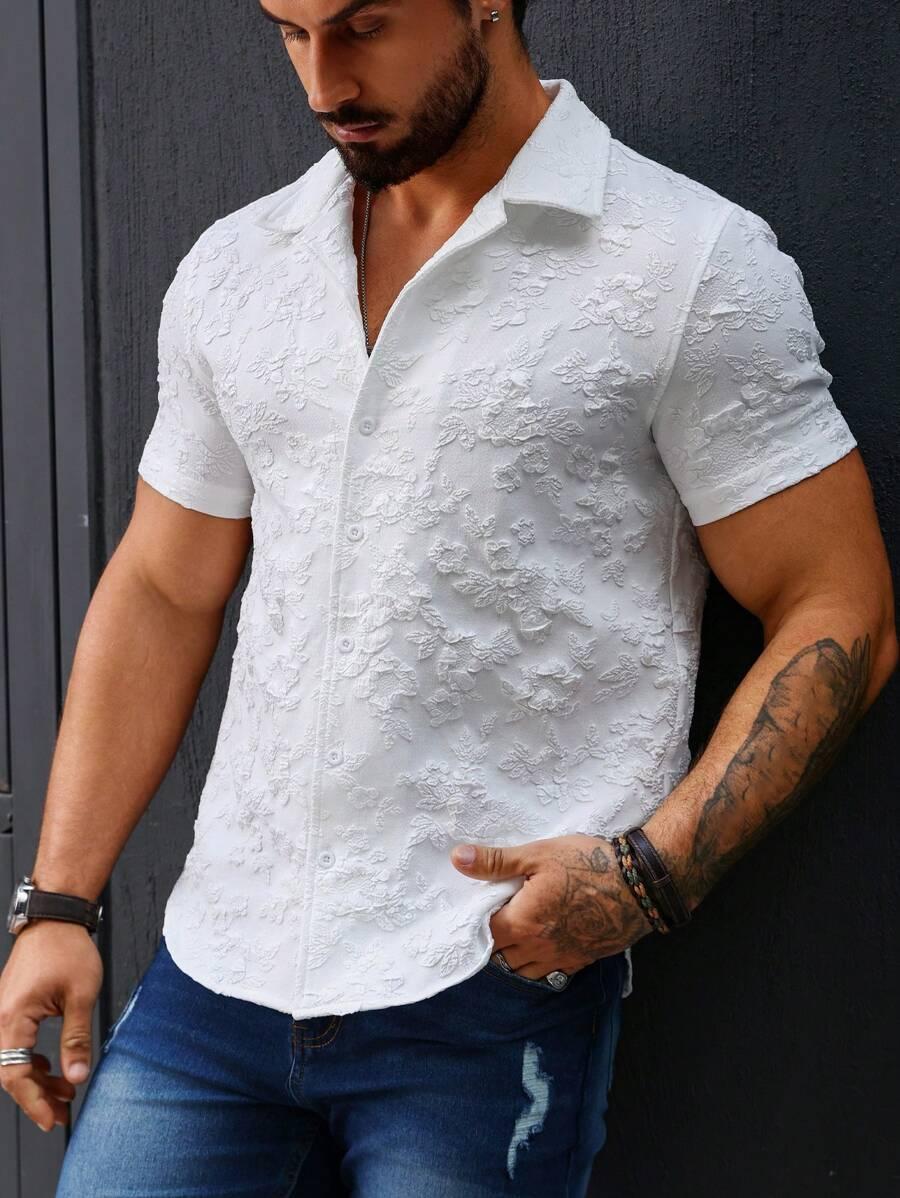 white floral jacquard short sleeve button up shirt