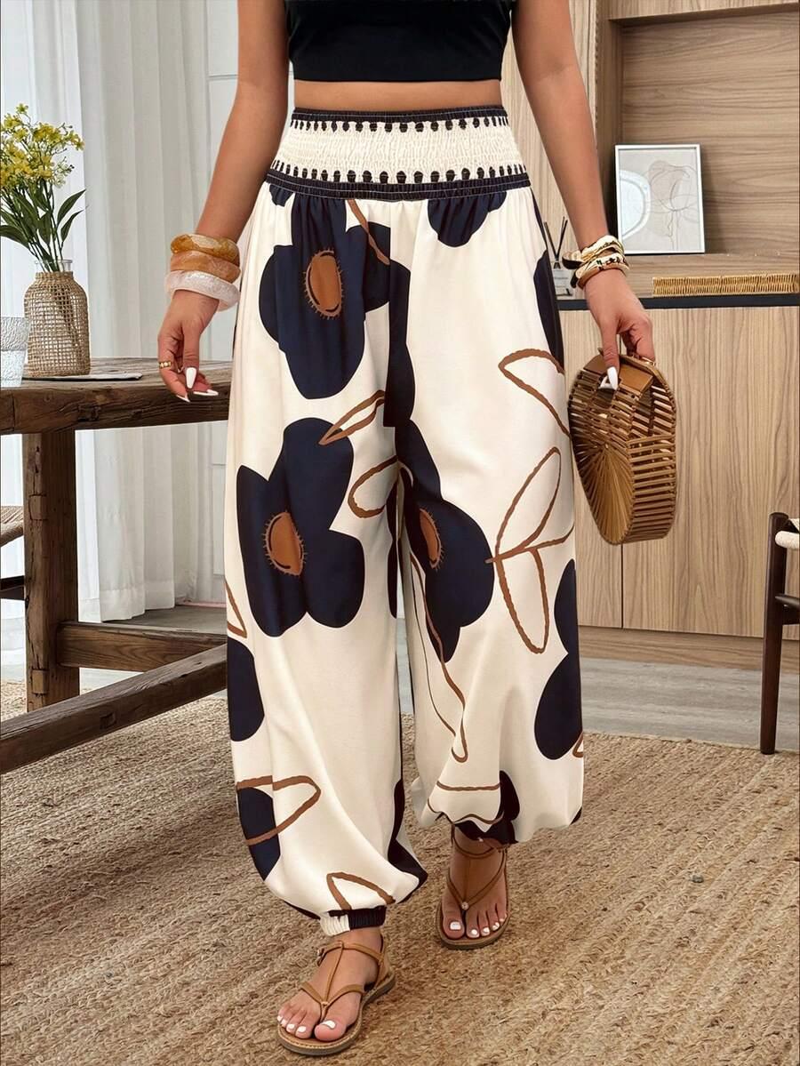 floral print elastic waist lantern pants