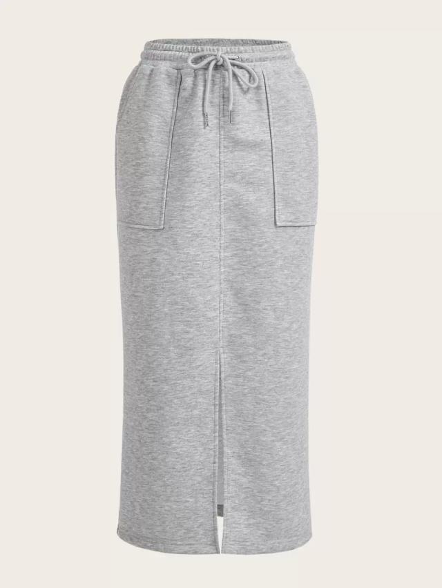 grey drawstring waist slant pocket split hem skirt