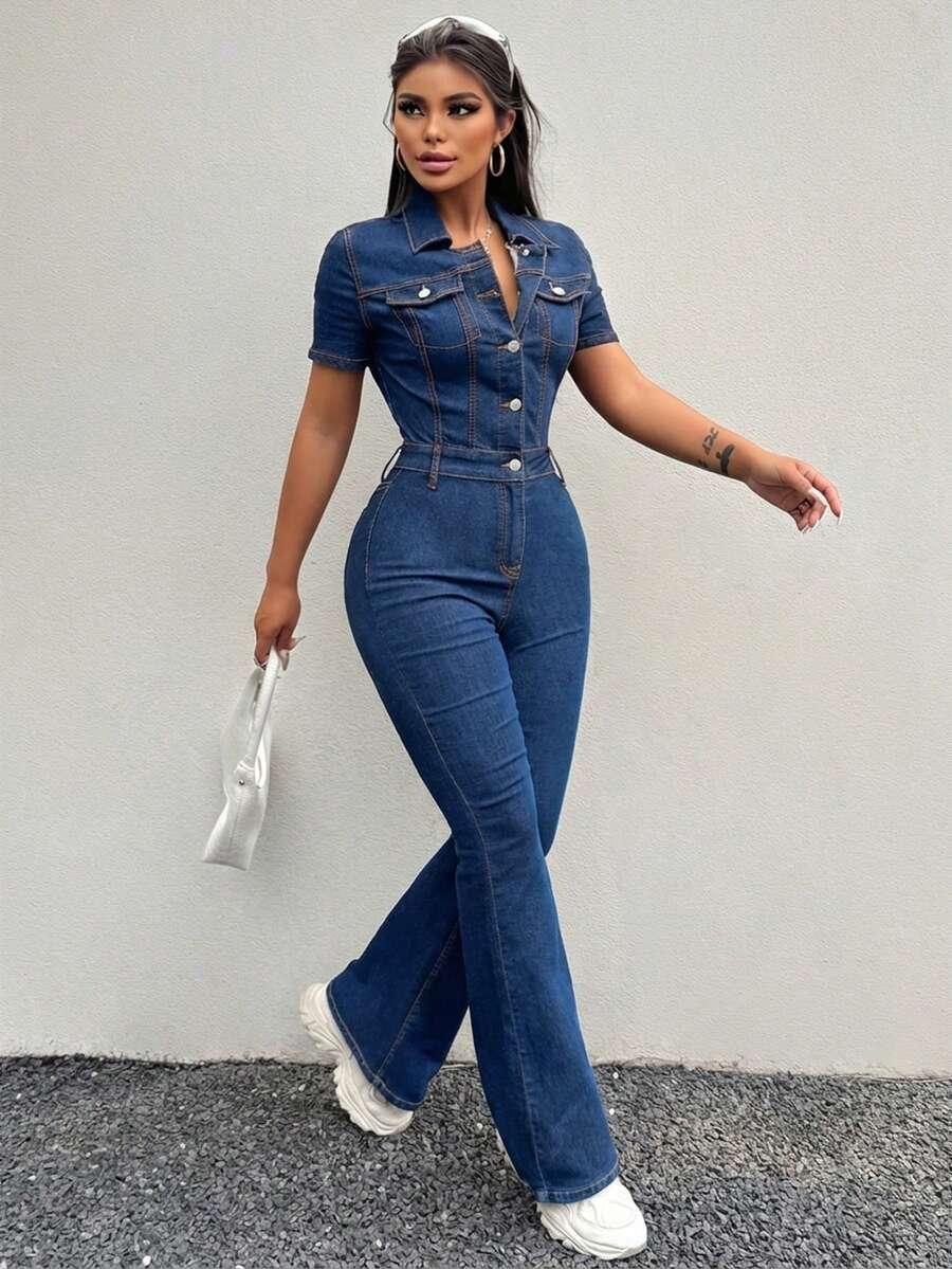 Dark Wash Denim Short Sleeve Jumpsuit