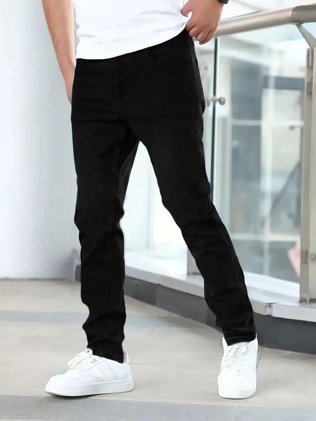 men's slim fit solid black cotton casual jeans