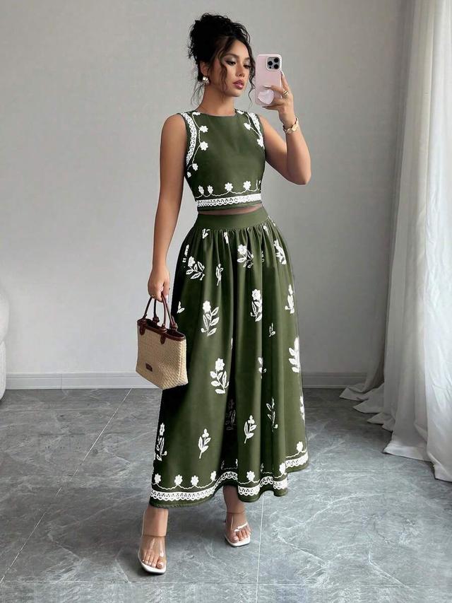 olive green floral print sleeveless top and skirt set
