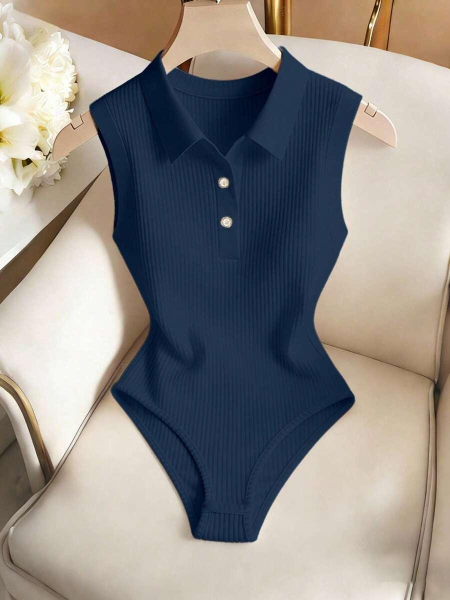 navy blue ribbed knit sleeveless polo bodysuit