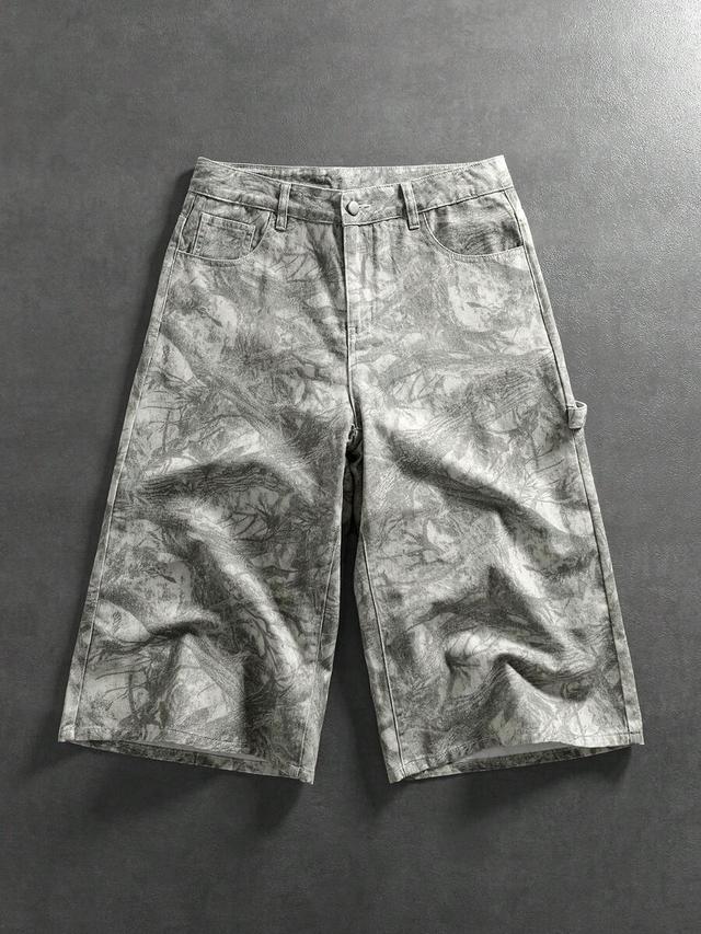 washed plant print loose straight leg denim shorts